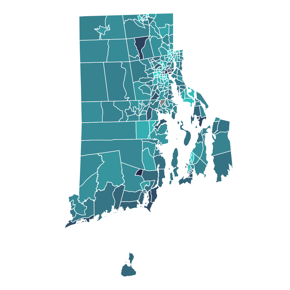 A choropleth map of Rhode Island census tracts displaying percentage populations of residents under 15 years of age. Concentrations (~25-30%) appear in the Providence / Pawtucket area, Woonsocket, Barrington, and Newport.